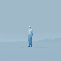 A solitary figure dressed in blue stands on an expansive, quiet landscape under a pale blue sky, embodying the essence of feeling small and vulnerable in isolation.