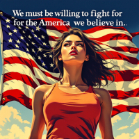 A confident woman stands in front of a large American flag, embodying the spirit of determination and resilience, with the quote about fighting for America prominently displayed above her.