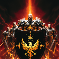 A group of armored warriors stands resolutely in front of a blazing backdrop, holding a large shield emblazoned with a phoenix, embodying the spirit of We are the warriors of the Imperium.