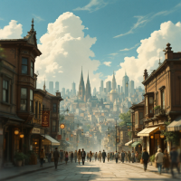 A bustling street scene leads toward a distant city skyline, showcasing a blend of architectural styles and vibrant activity beneath a bright, cloud-filled sky.