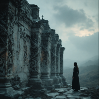 A lone figure in a flowing black garment stands before ancient, intricately carved stone pillars under a moody sky, reflecting on friendship and uncertainty.