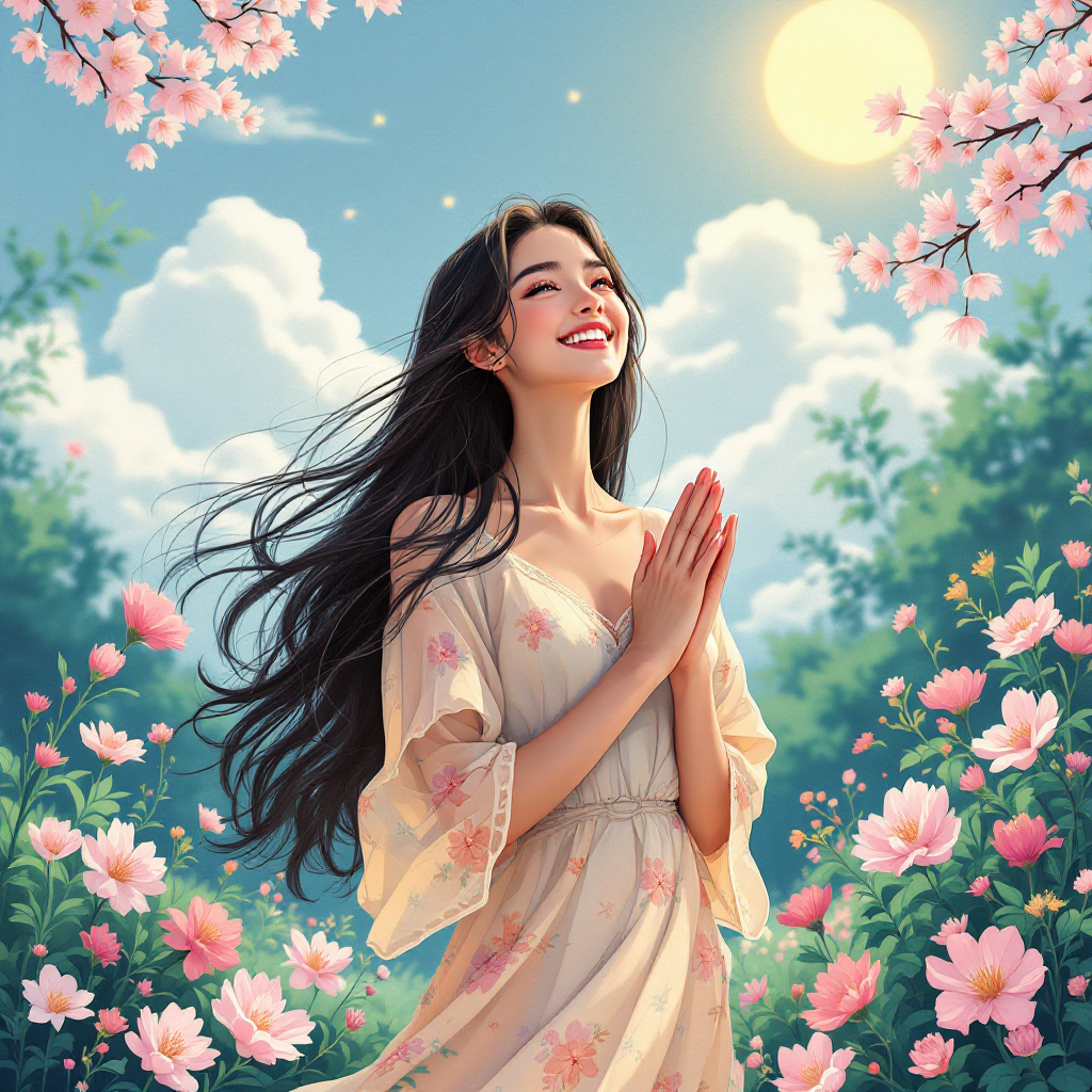 A woman in a floral dress stands in a sunlit garden, her hands clasped in joy amid blooming flowers, embodying the quote about beauty and love's fullness.