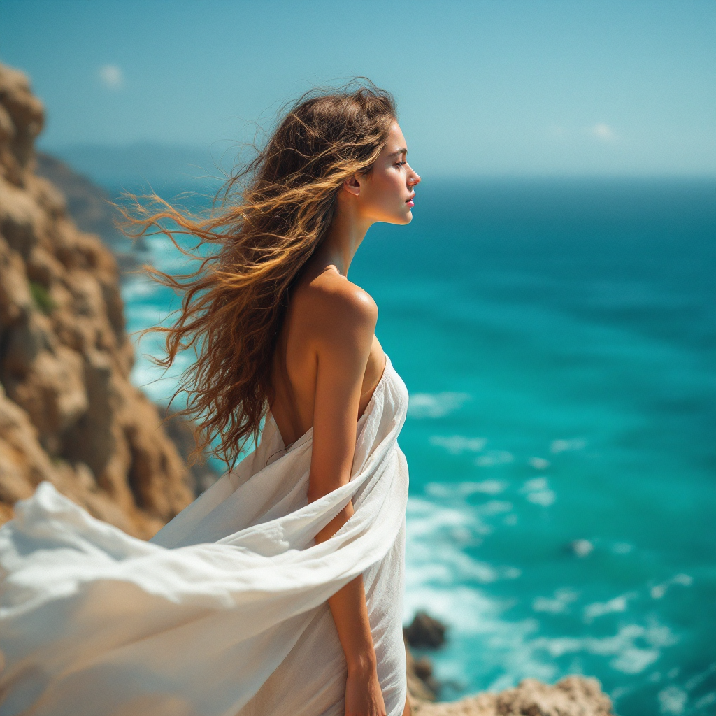 A serene profile of a woman in a flowing white garment, standing on a rocky outcrop overlooking the vibrant turquoise ocean, embodying the essence of longing beyond material desires.