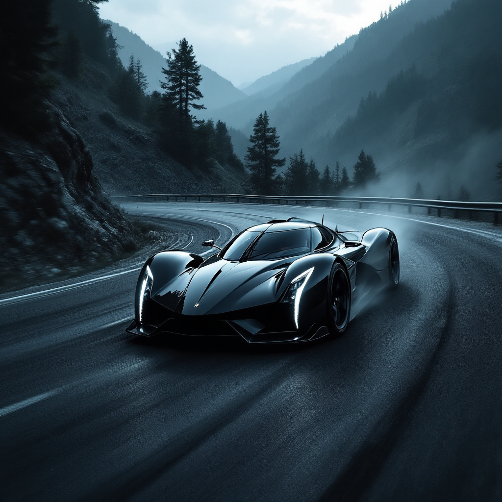 A sleek black sports car navigates a winding mountain road, enveloped in mist, symbolizing focus on future direction rather than immediate outcomes.