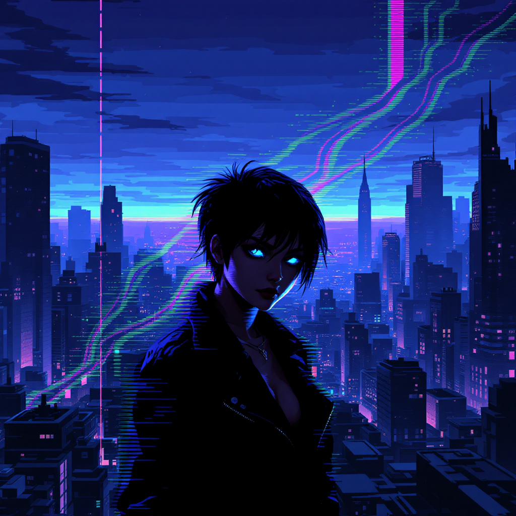 A futuristic character with striking blue eyes stands against a neon-lit city skyline, embodying the quote about the mind as the only true possession.