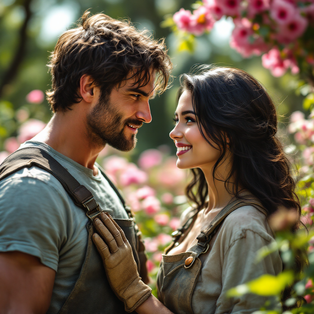 A man and woman share a heartwarming moment amidst blooming roses, embodying the sentiment that his efforts are driven by the joy of her smile.