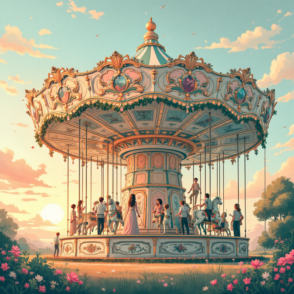 A vibrant carousel surrounded by blooming flowers, with people enjoying a whimsical evening under a pastel sky, encapsulating the idea that love can be found in unexpected places.