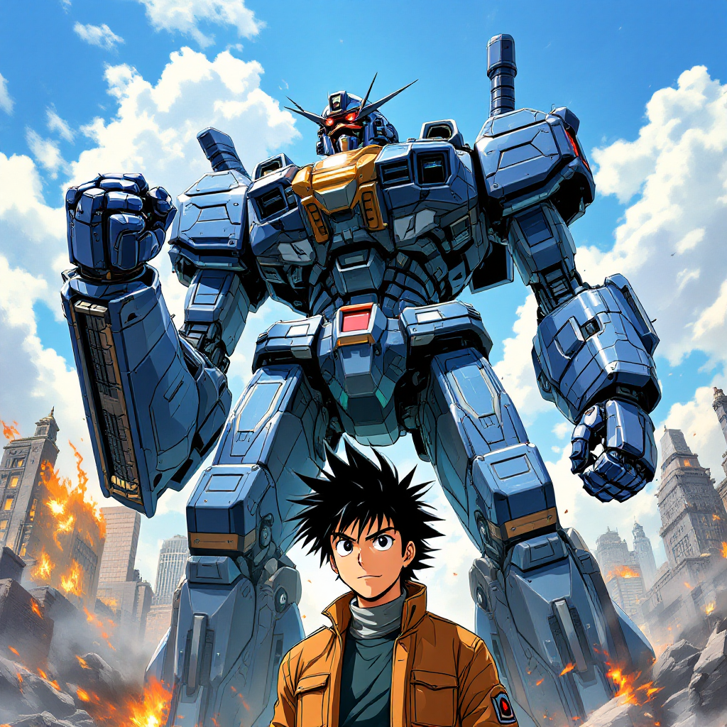 A confident young man stands in front of a towering blue mech, symbolizing courage and the idea that embracing mistakes is essential for growth and success.