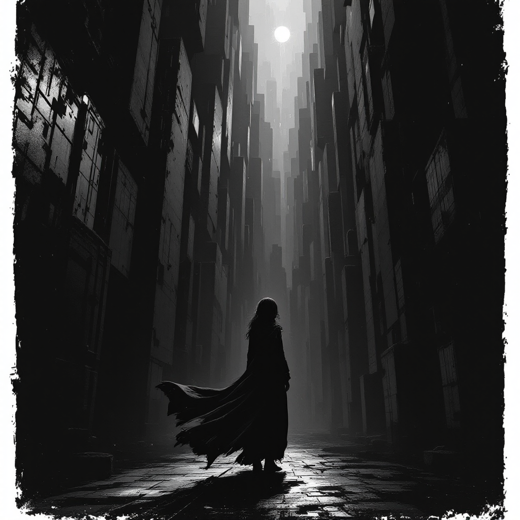 A shadowy figure stands at the end of a narrow alley, surrounded by towering walls, light streaming down from above, evoking the feeling of being trapped in one's own story.