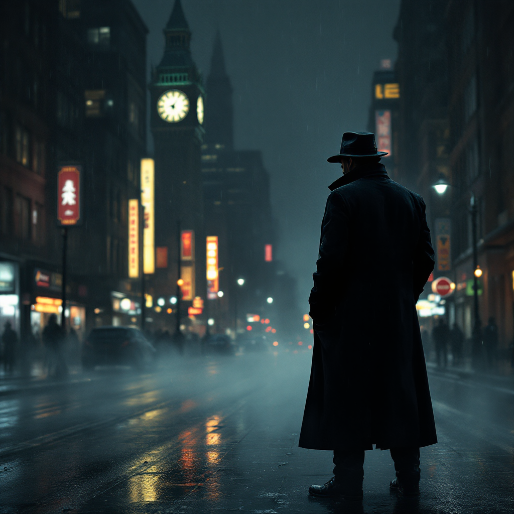 A solitary man in a long coat and fedora stands in a misty, dimly lit street, evoking the haunting quote, The man was gone and there was no one left to see him die.