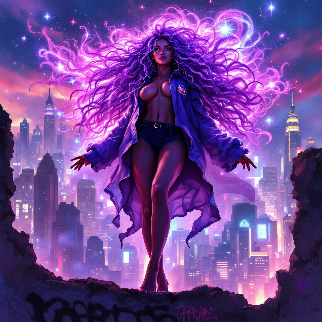 A confident figure with vibrant, flowing purple hair stands atop a cityscape, embodying the desire to create something lasting against a backdrop of glowing lights.