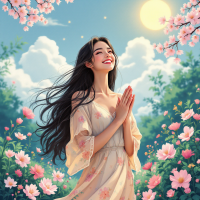 A woman in a floral dress stands in a sunlit garden, her hands clasped in joy amid blooming flowers, embodying the quote about beauty and love's fullness.