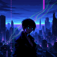 A futuristic character with striking blue eyes stands against a neon-lit city skyline, embodying the quote about the mind as the only true possession.