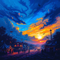 A vibrant sunset casts dynamic hues over a fairground, with luminous tents and darkening trees creating a striking contrast that echoes the quote's theme of light and dark.