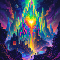 A vibrant crystal city radiates a glowing heart at its center, symbolizing the dreams of Zikola’s people against a cosmic backdrop of swirling colors and distant planets.