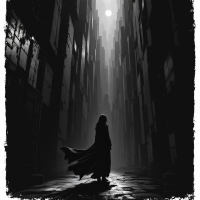 A shadowy figure stands at the end of a narrow alley, surrounded by towering walls, light streaming down from above, evoking the feeling of being trapped in one's own story.