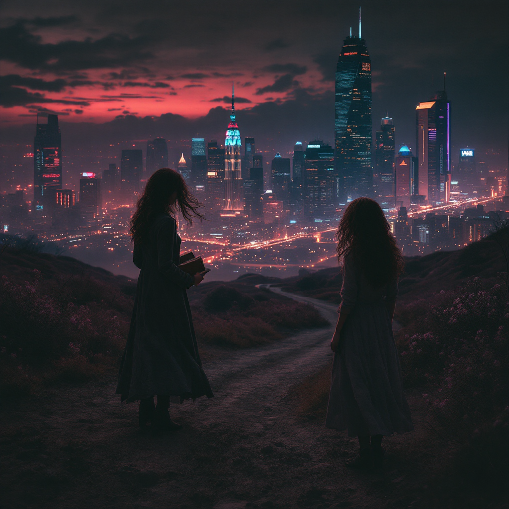 Two figures in flowing dresses stand on a path overlooking a vibrant, futuristic city at dusk, embodying the dialogue between past and future inspired by the quote.