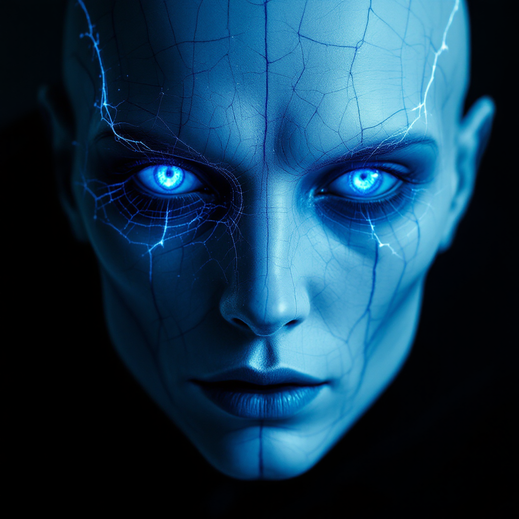 A blue-skinned figure with glowing blue eyes and cracked skin radiates a sense of decay and otherworldliness, embodying the rot of collective thought in a dystopian landscape.