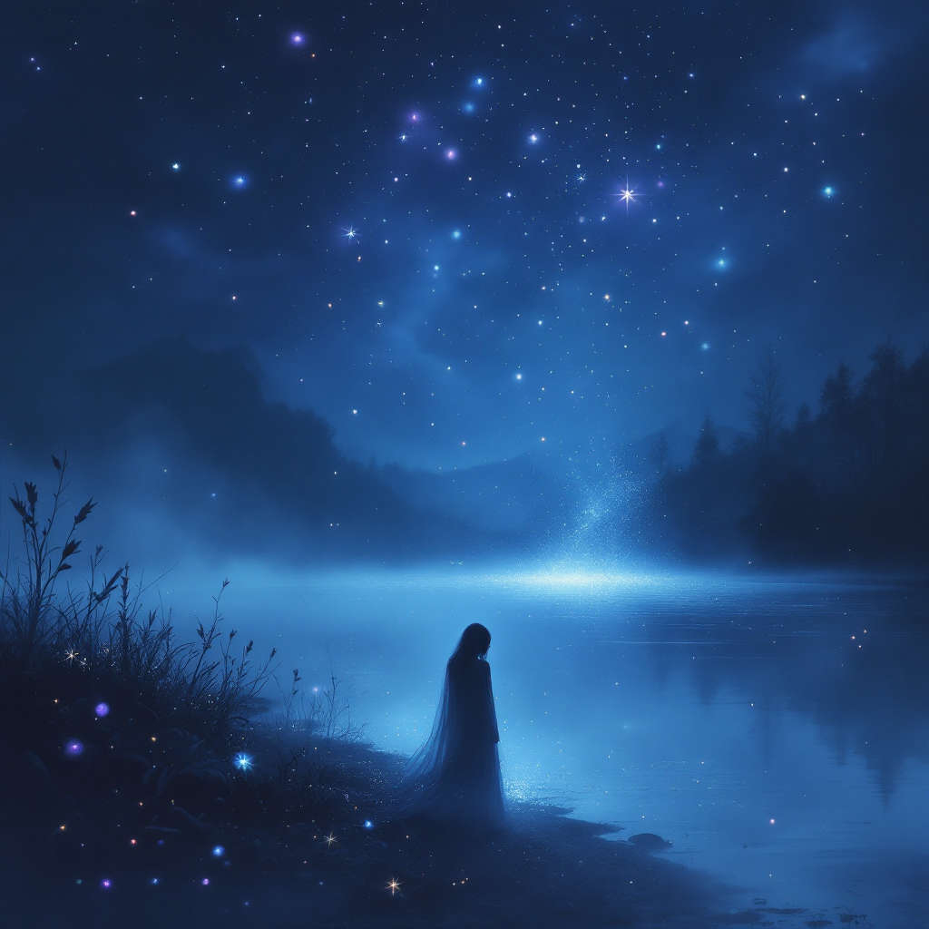 A figure stands by a tranquil lake under a starry sky, embodying reflection and hope, encapsulating the transition from mourning to new possibilities.