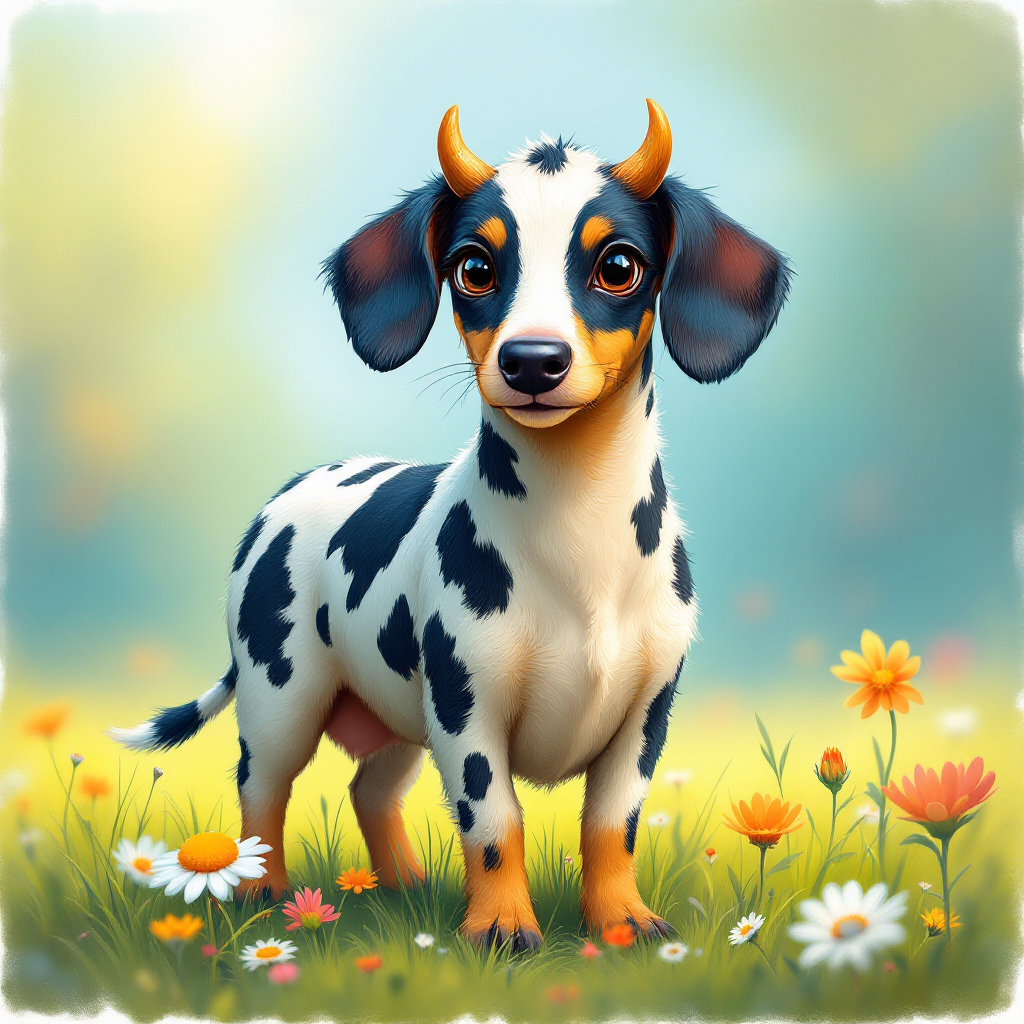 A charming dachshund with a black and white spotted coat and small horns stands in a vibrant meadow filled with colorful flowers, embodying the spirit of individuality.