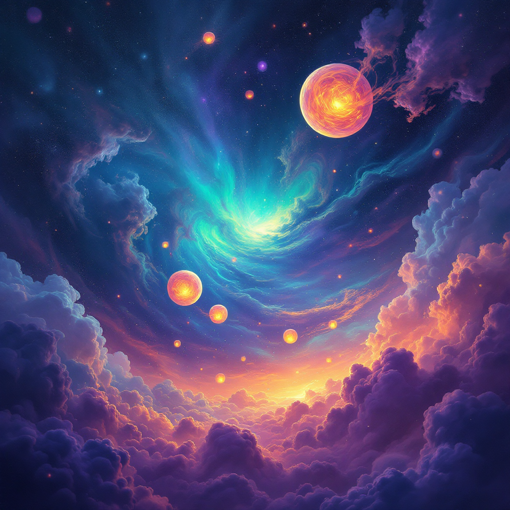 A cosmic scene filled with swirling clouds of blue and purple, illuminated by vibrant orbs and stars, evoking the mystery and humor in the quote, “It’s like a joke. You’re not supposed to get it.”