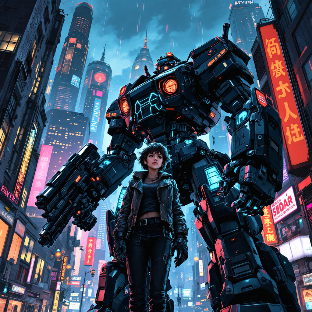 A confident young woman stands beside a towering mech in a vibrant, neon-lit city, embodying the quote: The world was not made for the faint of heart.