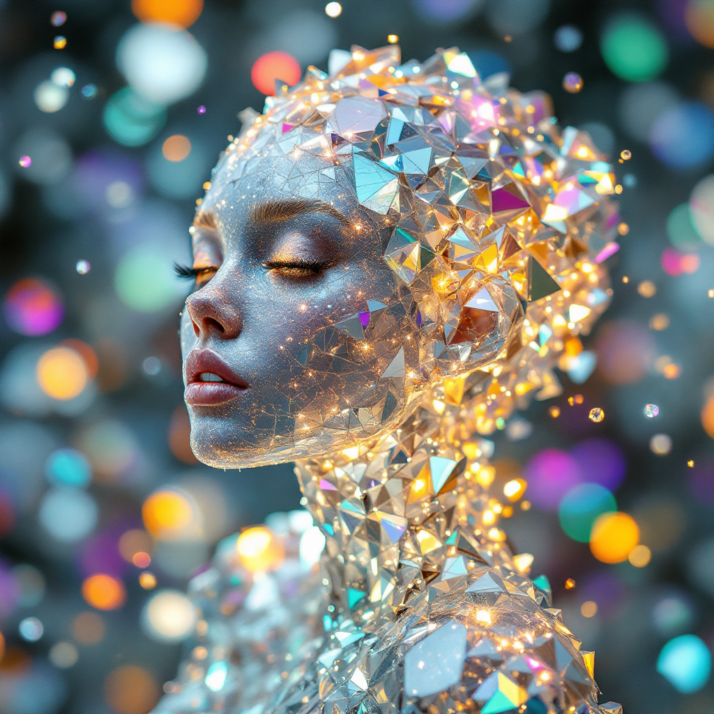 A reflective figure composed of shimmering geometric shapes gazes thoughtfully, surrounded by a soft bokeh of colorful lights, embodying the essence of resilience and growth.