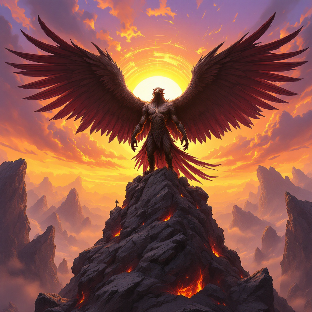 A majestic bird with vast, fiery wings stands on a rocky peak against a vibrant sunset, embodying freedom and the spirit of pursuing one’s desires.