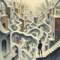 A figure stands amidst a maze of twisting staircases and towering structures adorned with cryptic symbols, symbolizing the complexity and distortion of reality through language.