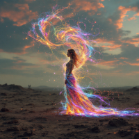 A figure stands in a vast landscape, enveloped in vibrant, flowing colors and light, symbolizing love as a transformative force that impacts everything around.