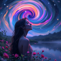 A woman stands by a serene lake, surrounded by blooming roses, as a vibrant cosmic swirl of colors fills the sky, symbolizing the idea that life's journey is filled with happiness.