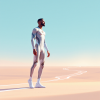 A solitary figure in a sleek, futuristic outfit stands on a vast, sandy landscape, embodying the idea of perseverance as a series of short races, not a long one.