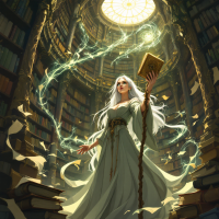 A wise figure with flowing white hair stands in a grand library, holding a glowing book as ethereal energy swirls around, embodying the quote: Knowledge is a weapon.