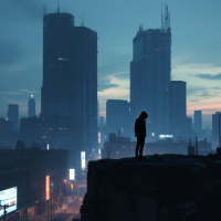 A lone figure stands atop a rocky ledge, overlooking a misty cityscape of towering skyscrapers at dusk, embodying the complexities of truth and morality as day turns to night.