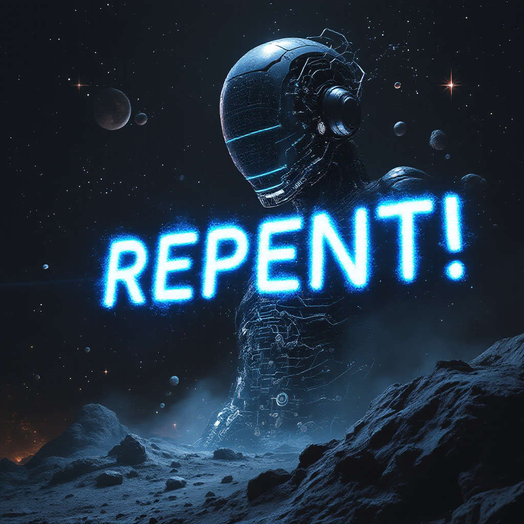 A futuristic robot stands against a cosmic backdrop, its surface glowing with blue light, prominently displaying the word “REPENT!” in bold, illuminated letters.