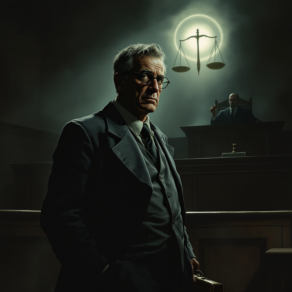 A somber man stands in a dimly lit courtroom, holding a book, as scales of justice glow above him. A judge presides in the background, evoking the quote about justice and its cost.