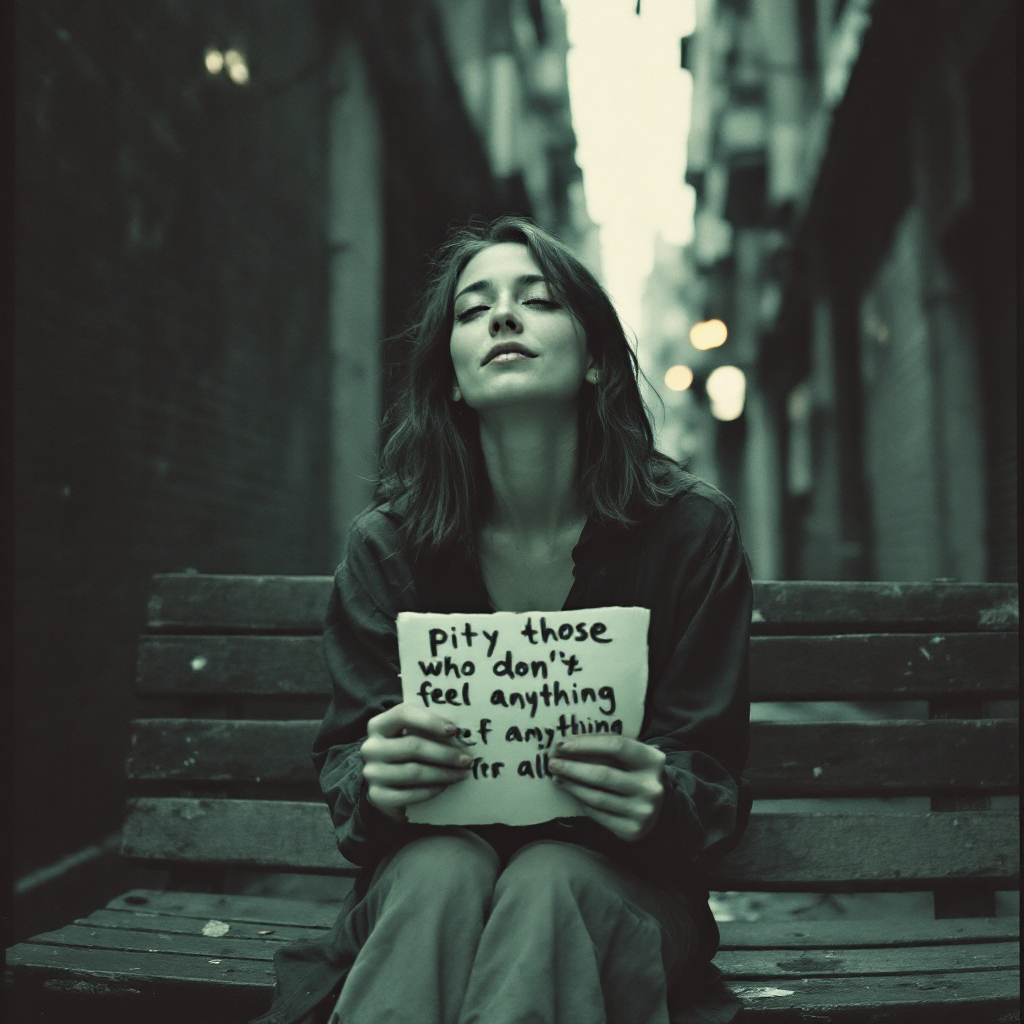 A woman sits on a bench in a dimly lit alley, holding a sign that reads, pity those who don't feel anything at all, conveying a poignant sense of reflection and emotion.