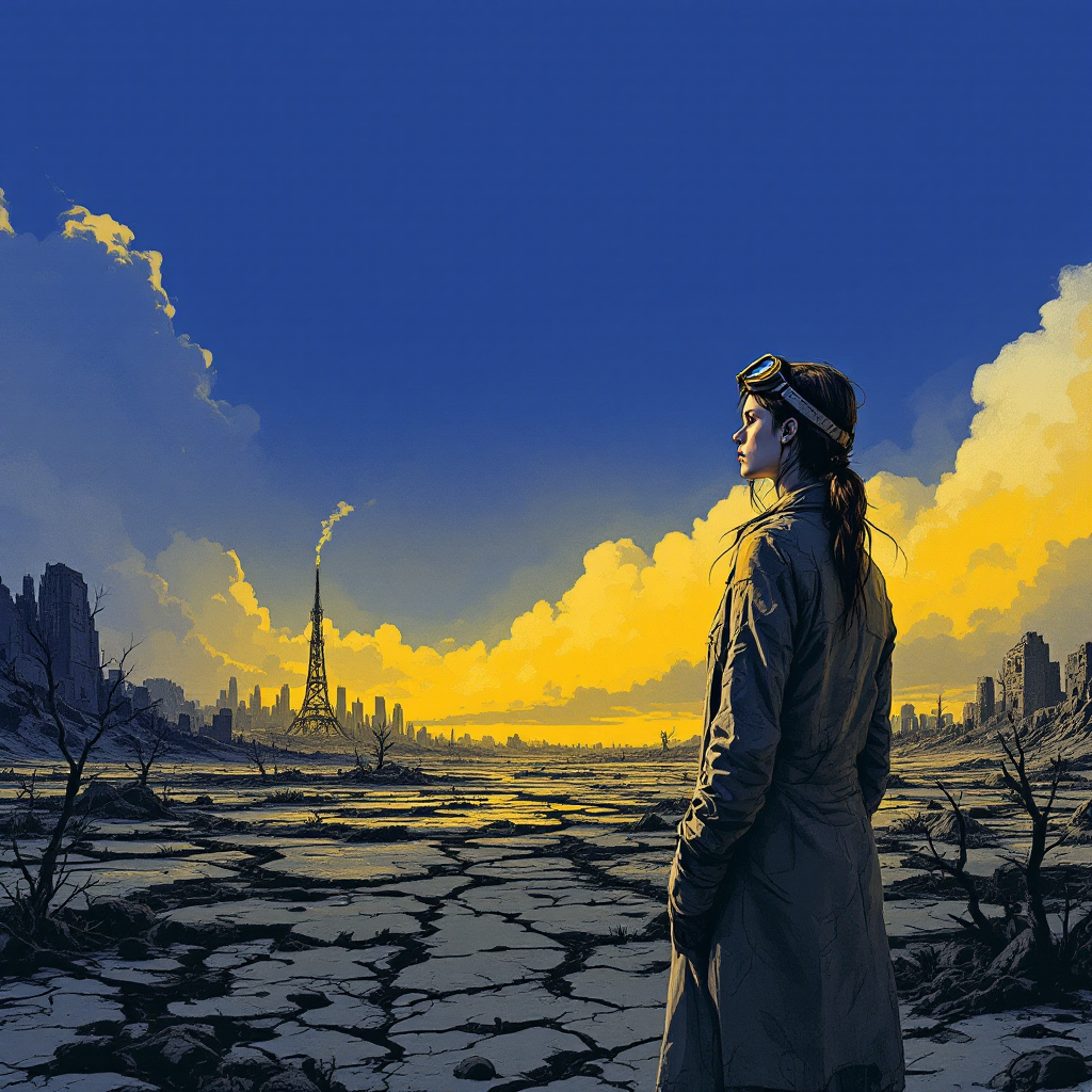 A lone figure in a long coat stands before a barren landscape under a twilight sky, with distant city ruins and smoke rising, evoking the slow unraveling of a once-vibrant world.