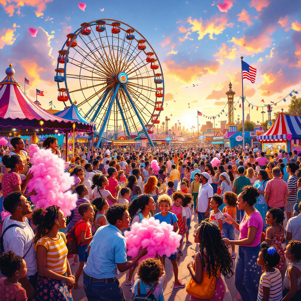 A vibrant fair scene filled with diverse people enjoying carnival attractions, a Ferris wheel, and colorful tents, symbolizing unity and hope for America’s potential when working together.