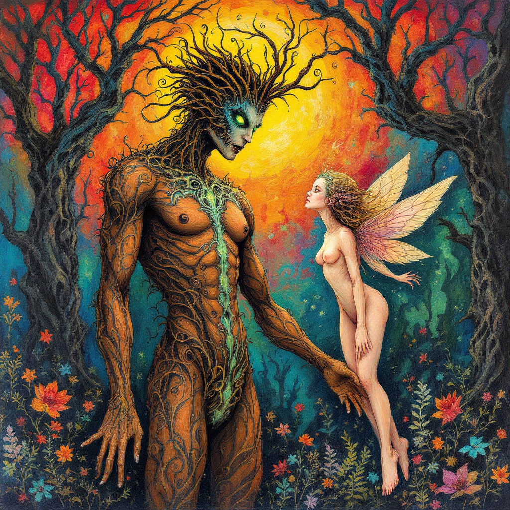 A towering, tree-like figure with a twisted face and branches for hair gazes at a delicate fairy with vibrant wings, set against a glowing, enchanted forest backdrop.