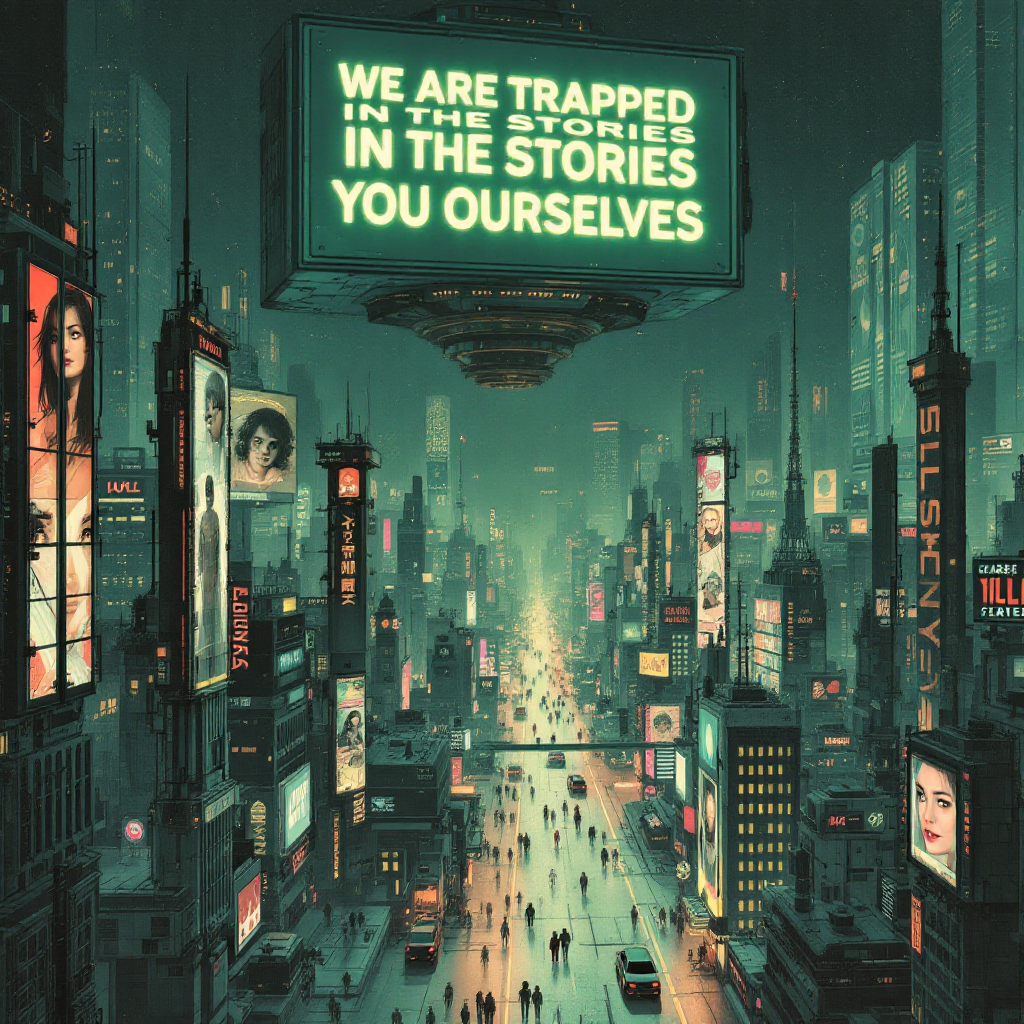 A bustling city street illuminated by neon signs, with a large billboard displaying the quote: We are trapped in the stories we tell ourselves, highlighting themes of narrative and self-perception.