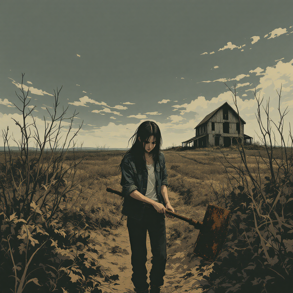 A solitary figure stands on a barren path, holding a shovel, gazing toward a distant, dilapidated farmhouse under a gloomy sky, reflecting the difficulties of life after the agricultural revolution.