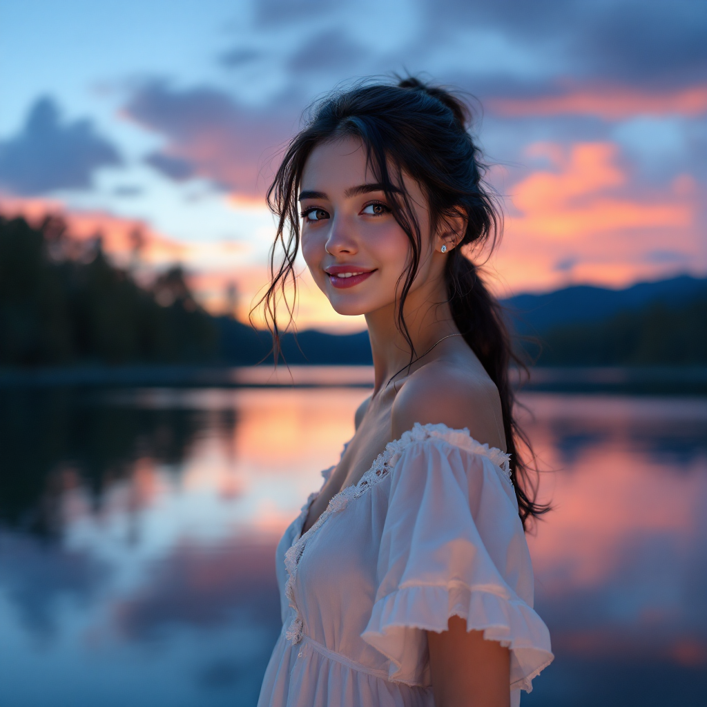 A young woman gazes serenely at the viewer, illuminated by a vibrant sunset, reflecting on the haunting dreams of night as the still water mirrors the colorful sky.