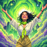 A joyful woman stands with arms outstretched, surrounded by swirling green energy and a vibrant cityscape, embodying resilience and optimism despite chaos.