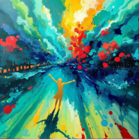 A vibrant abstract scene depicts a figure with outstretched arms, embracing a whirlwind of colorful clouds and splashes, embodying the quote, Life is a beautiful disaster.