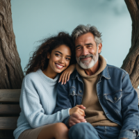 A smiling young woman and an older man sit closely together on a bench, surrounded by trees, embodying a moment of quiet connection and trust, reflecting the book quote about building trust.