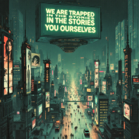 A bustling city street illuminated by neon signs, with a large billboard displaying the quote: We are trapped in the stories we tell ourselves, highlighting themes of narrative and self-perception.