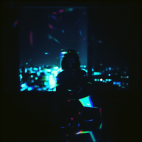 A silhouetted figure sits in a dim room, illuminated by colorful reflections, gazing out at a vibrant cityscape, capturing the essence of the quote about the nature of visibility and perception.