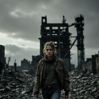 A lone figure walks through a desolate landscape of rubble and ruined buildings under a dark, overcast sky, illustrating the quote about the absence of peace and safety.