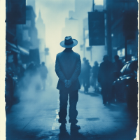 A solitary figure in a wide-brimmed hat stands in a misty urban street, embodying the challenges of human connection amidst a crowd of indistinct silhouettes.